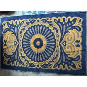 Vintage Fieldcrest Bath Mat Rug | Bold Blue & Gold Pattern | MCM 100% Cotton